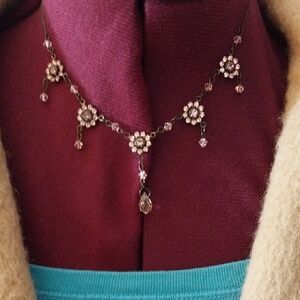 Vintage -Signed Bellagio Delicate Pink Crystal Flower Choker Necklace-16"